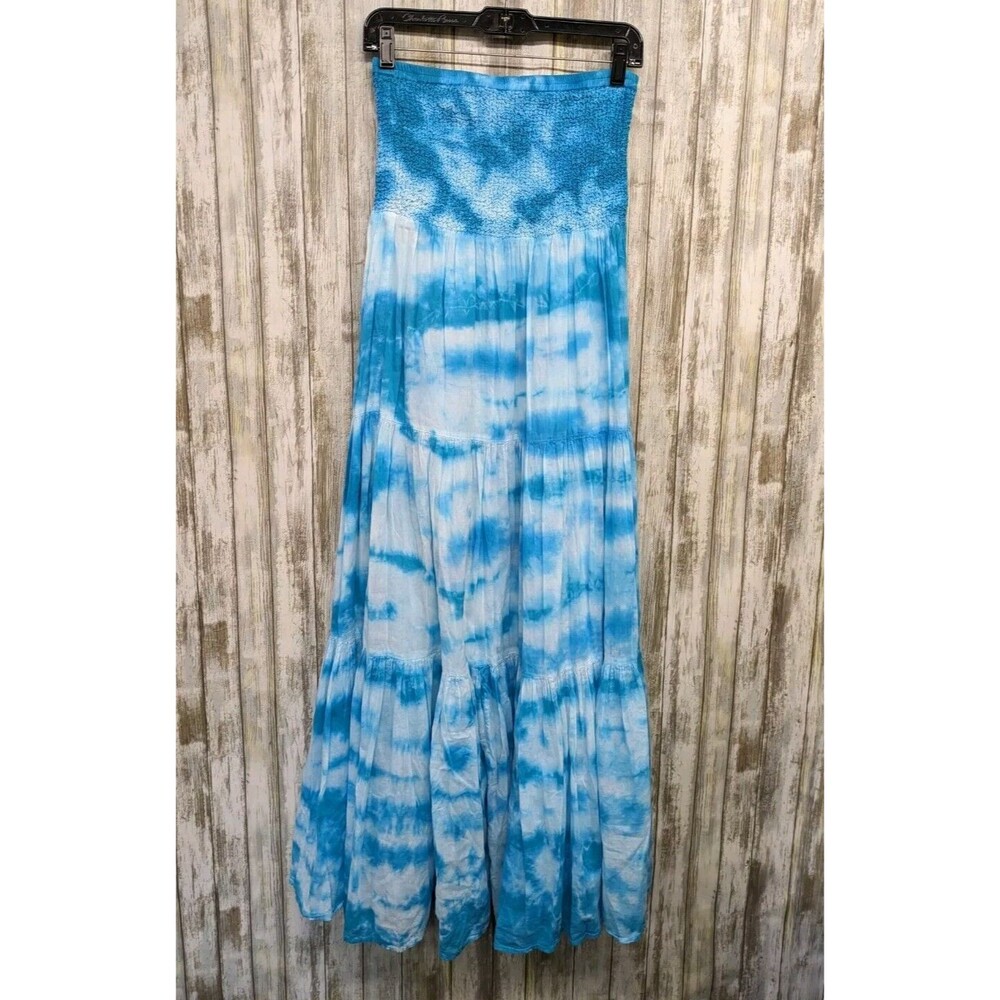 Michael Kors Tiered Maxi Dress Strapless Smocked Blue Tie Dye 100% Cotton Small